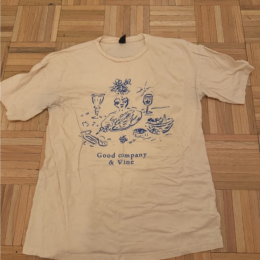 Good Company & Wine Graphic Tee - Cream with Blue Print
